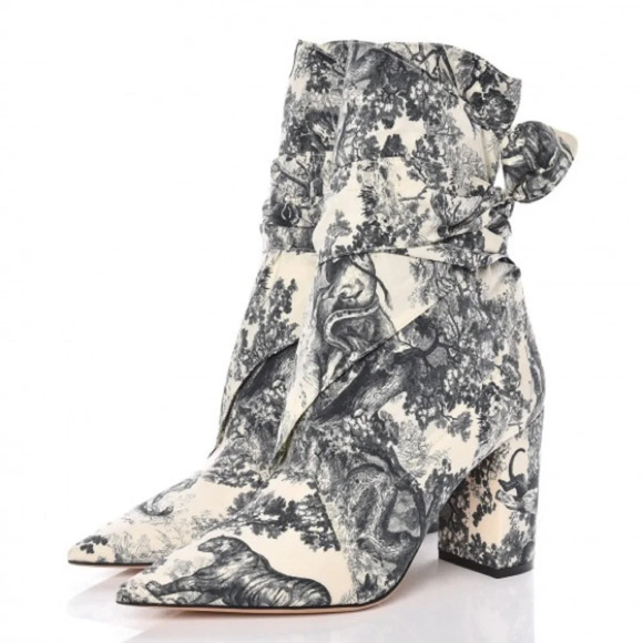 DIOR HUGGY TOILE DE JOUY FABRIC ANKLE HEELED BOOTS - Picture 1 of 10